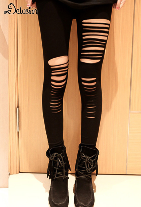 1/3 Delusion Women Fashion Gothic Streetwear Ripped off Leggings Punk Style Cotton Hollow Out Holes Elastic Bottom